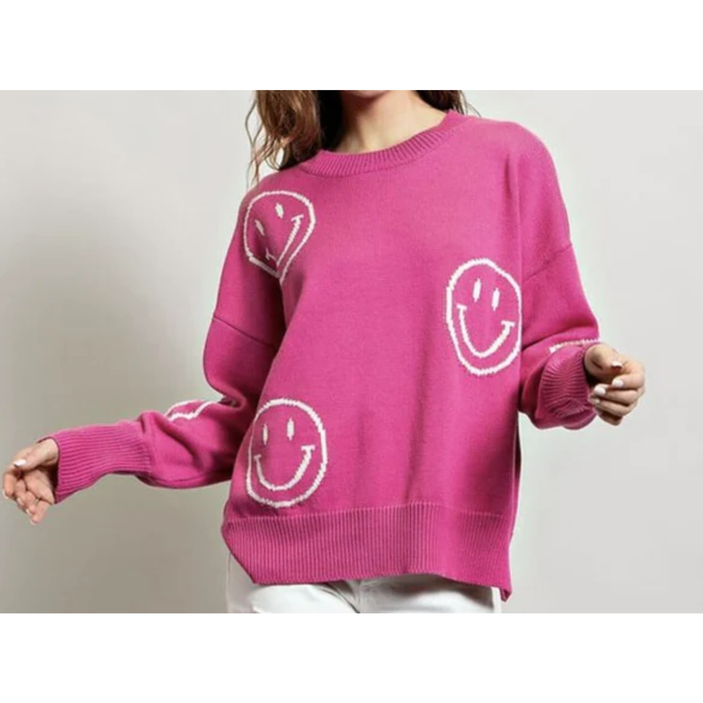 EESOME Pink Drop Shoulder Smiley Face Long Sleeve Sweater S/M
